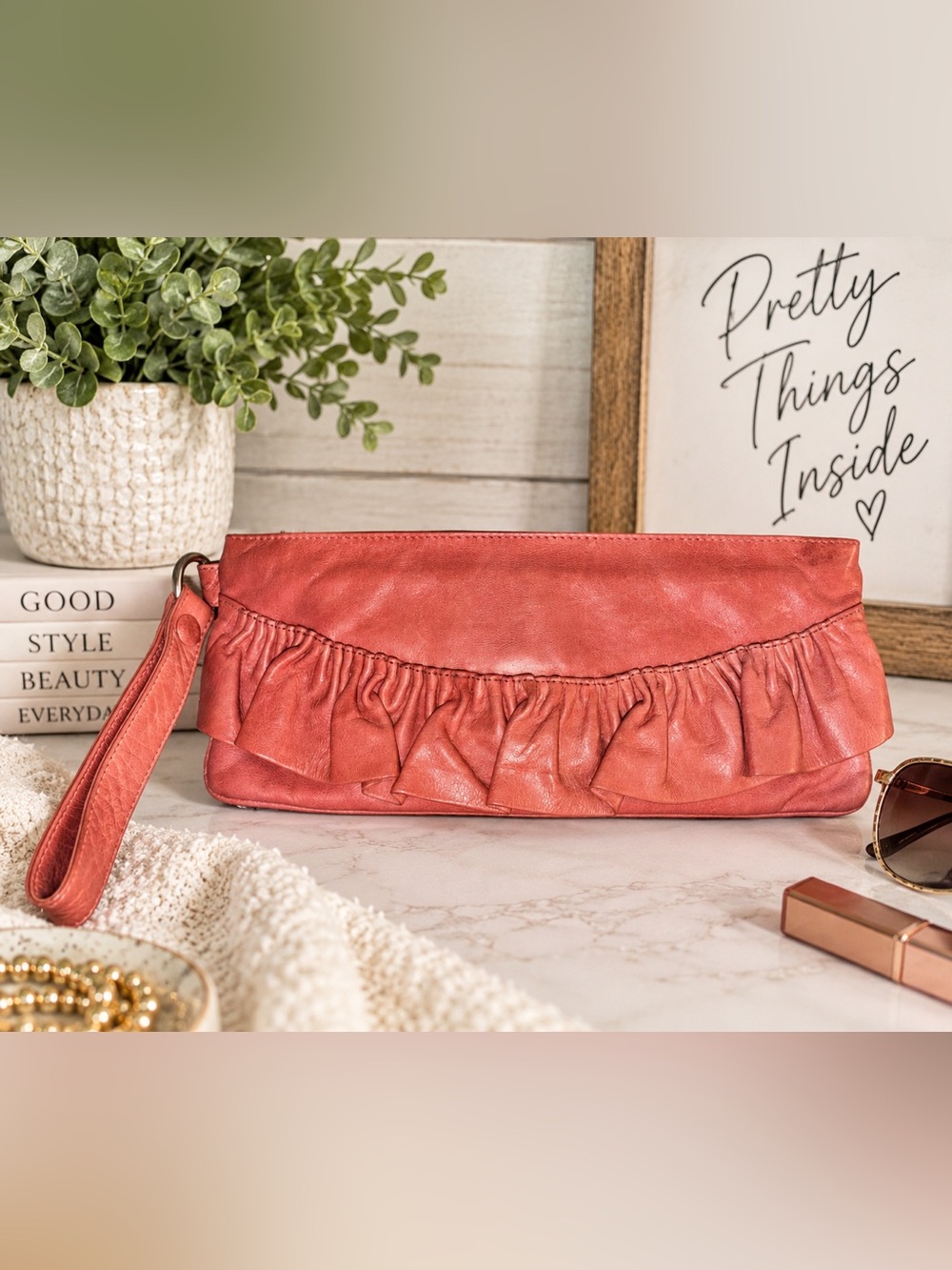 Coral Salmon Ruffle Wristlet Clutch Purse - #1034